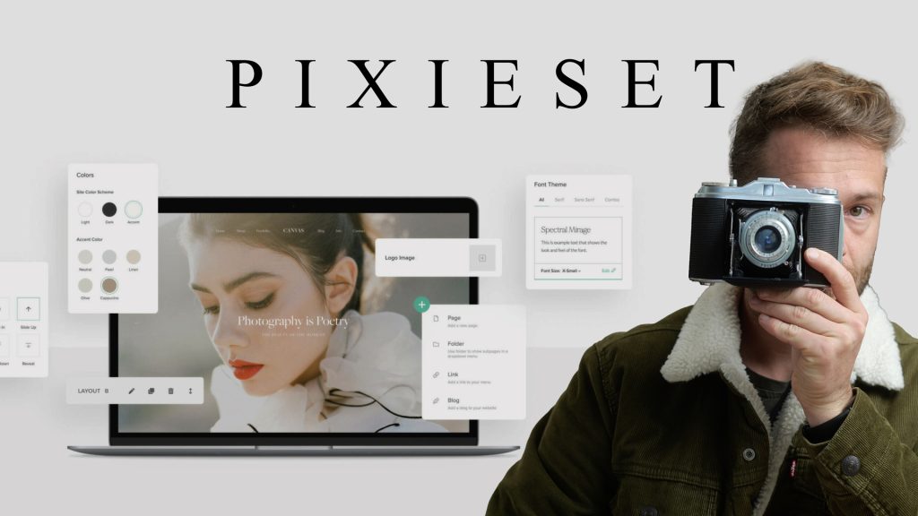 Pixieset branding with a photographer holding a camera, showcasing website customization in the CloudSpot vs Pixieset analysis.