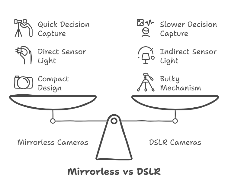 A simple black-and-white infographic comparing mirrorless and DSLR cameras with a balanced scale. Mirrorless cameras are described as offering "quick decision capture," "direct sensor light," and a "compact design," while DSLR cameras are noted for "slower decision capture," "indirect sensor light," and a "bulky mechanism."