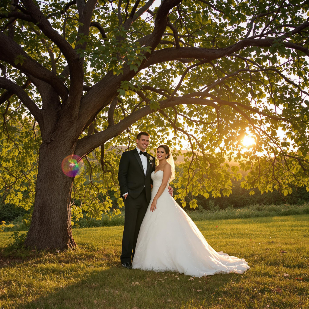 A newlywed couple stands beneath a sprawling tree, bathed in the warm glow of the setting sun, with the bride in a flowing white gown and the groom in a black tuxedo.