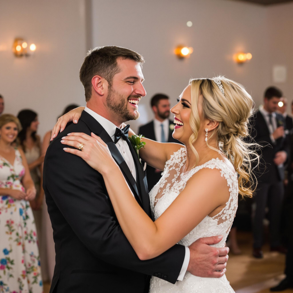 Bride and groom share their first dance, a perfect moment captured with a mirrorless camera known for stunning wedding photography