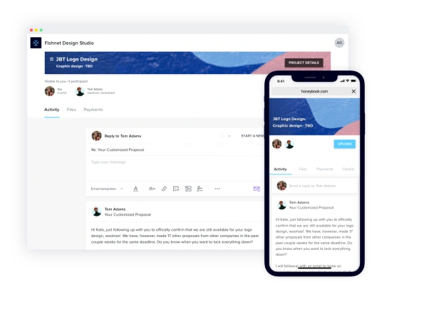 HoneyBook’s project interface on desktop and mobile, highlighting communication and proposal features in the Dubsado vs Honeybook comparison.