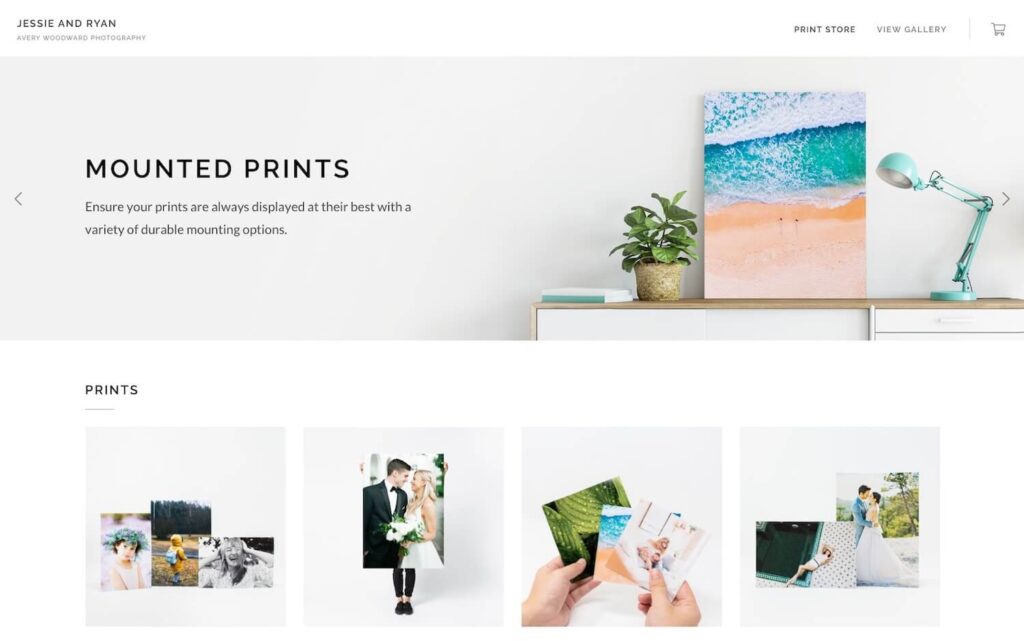 Mounted photo prints displayed in an online store, a feature to consider when comparing CloudSpot vs Pixieset for selling prints.