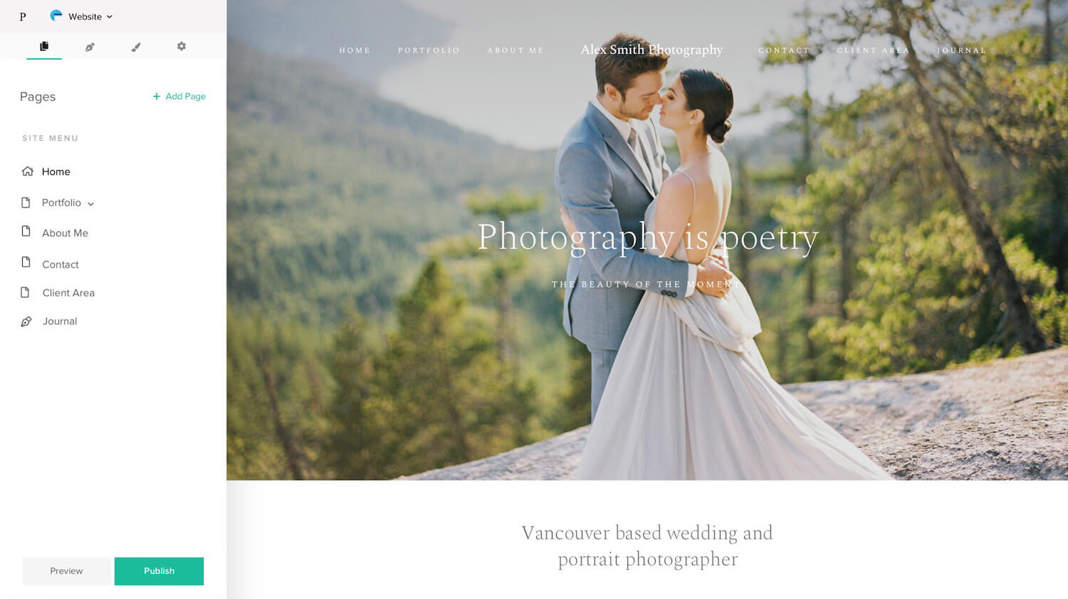 Photography website builder displaying a wedding portfolio, relevant to the CloudSpot vs Pixieset website design comparison